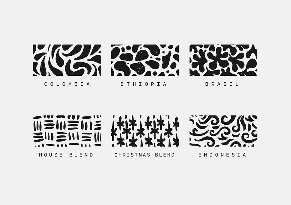 six pattern illustration styles for each coffee blend